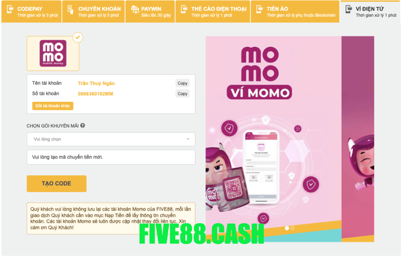 Nạp tiền Five88 qua ví điện tử