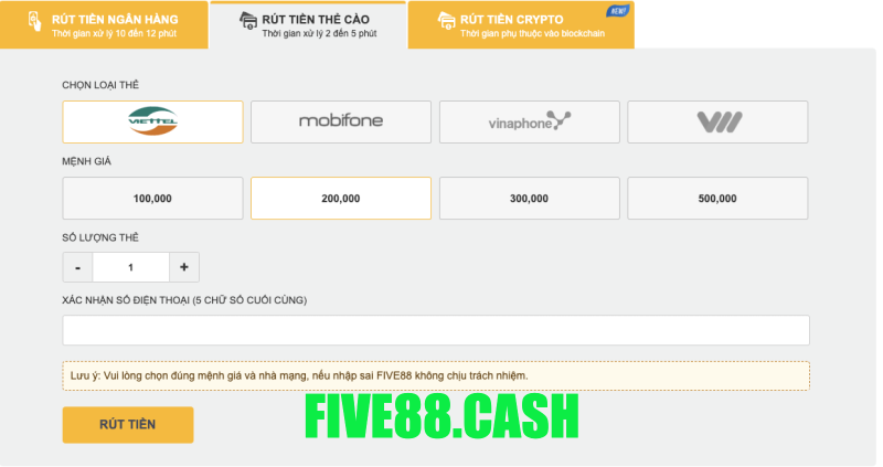 Rút tiền Five88 thẻ cào